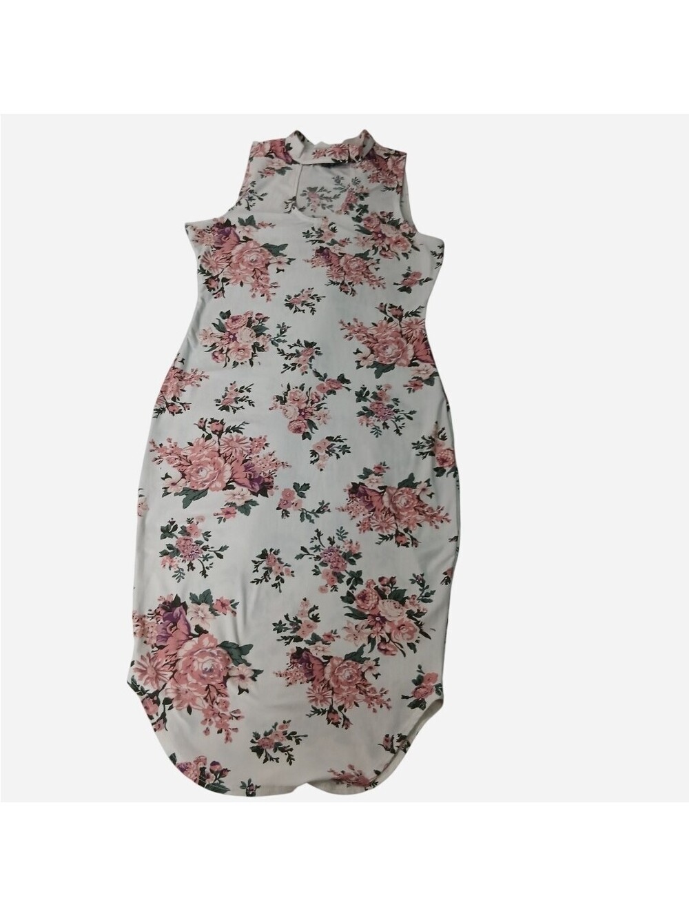 Rue21 Floral Bodycon Dress S Small White Pink Rose Mock Neck Cutout Collar Midi
